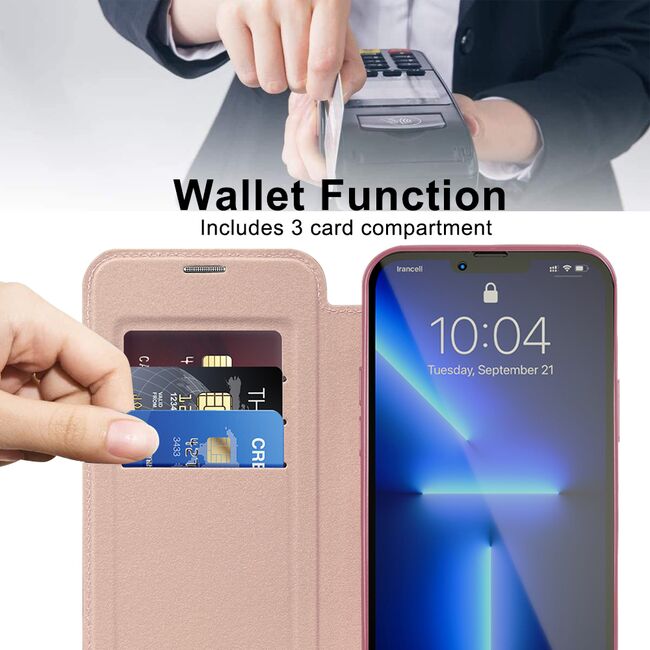 Husa pentru  iPhone 13 Pro Max EliteBook Executive Tip Carte cu Protectie RFID, Compatibilitate MagSafe si protectie lentile Transparent - Roz