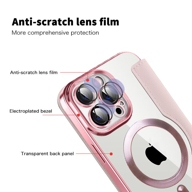Husa pentru  iPhone 13 Pro Max EliteBook Executive Tip Carte cu Protectie RFID, Compatibilitate MagSafe si protectie lentile Transparent - Roz
