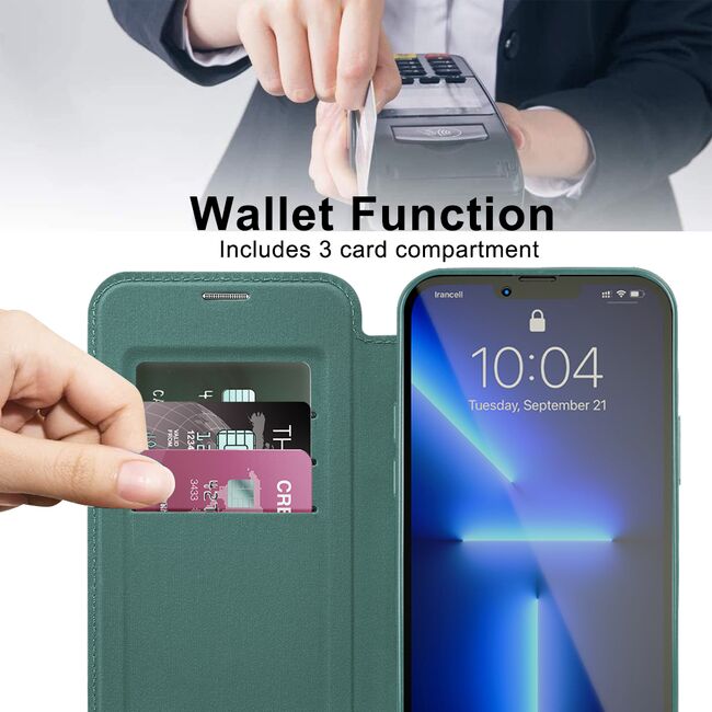 Husa pentru  iPhone 13 Pro Max EliteBook Executive Tip Carte cu Protectie RFID, Compatibilitate MagSafe si protectie lentile Transparent - Verde