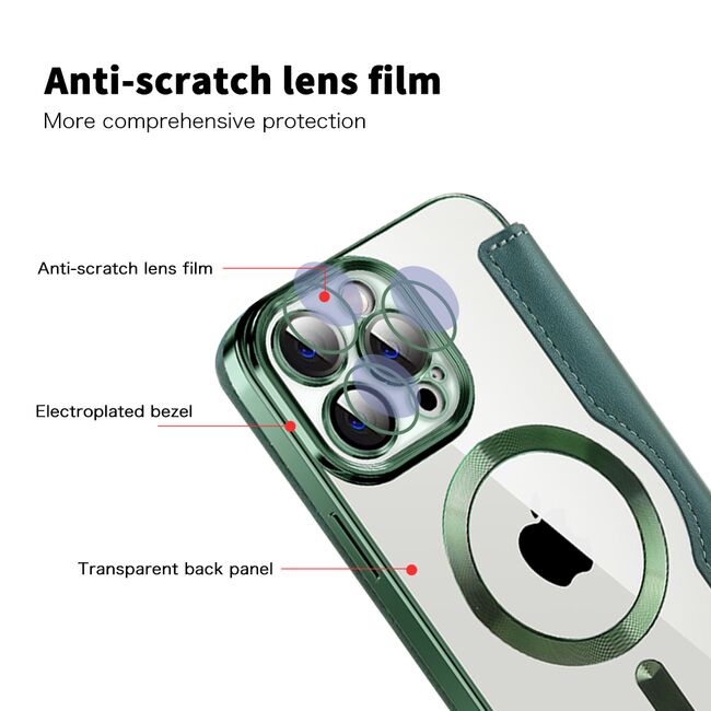 Husa pentru  iPhone 13 Pro Max EliteBook Executive Tip Carte cu Protectie RFID, Compatibilitate MagSafe si protectie lentile Transparent - Verde