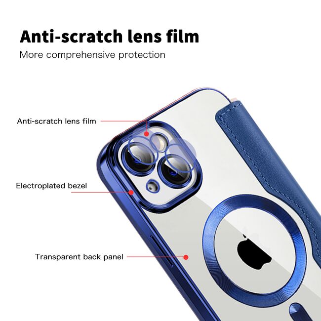 Husa pentru  iPhone 14 EliteBook Executive Tip Carte cu Protectie RFID, Compatibilitate MagSafe si protectie lentile Transparent - Albastru