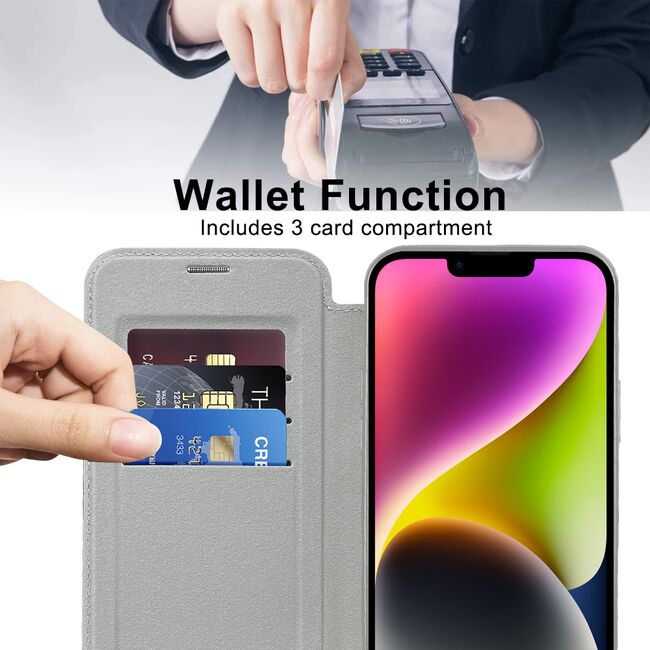 Husa pentru  iPhone 14 EliteBook Executive Tip Carte cu Protectie RFID, Compatibilitate MagSafe si protectie lentile Transparent - Argintiu