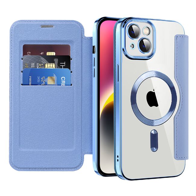 Husa pentru  iPhone 14 Plus EliteBook Executive Tip Carte cu Protectie RFID, Compatibilitate MagSafe si protectie lentile Transparent - Albastru deschis