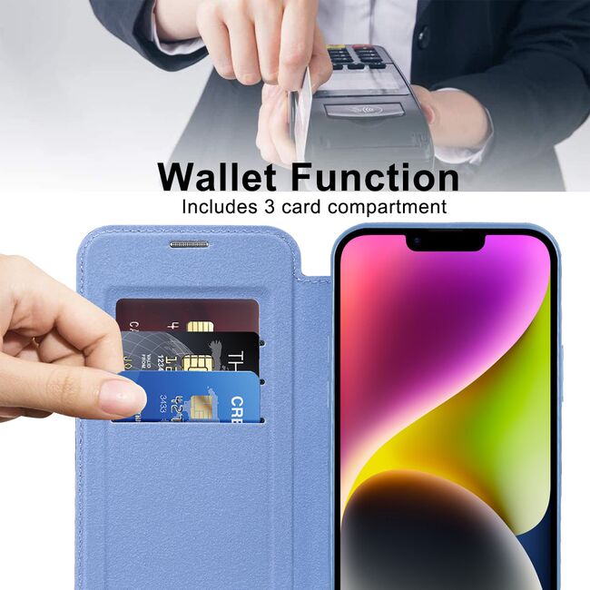 Husa pentru  iPhone 14 Plus EliteBook Executive Tip Carte cu Protectie RFID, Compatibilitate MagSafe si protectie lentile Transparent - Albastru deschis