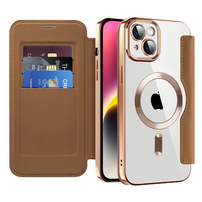 Husa pentru  iPhone 14 Plus EliteBook Executive Tip Carte cu Protectie RFID, Compatibilitate MagSafe si protectie lentile Transparent - Maro