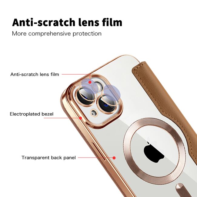 Husa pentru  iPhone 14 Plus EliteBook Executive Tip Carte cu Protectie RFID, Compatibilitate MagSafe si protectie lentile Transparent - Maro