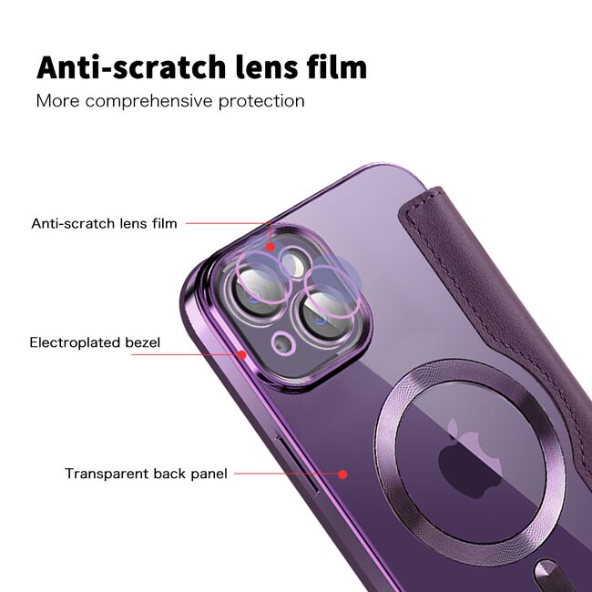 Husa pentru  iPhone 14 Plus EliteBook Executive Tip Carte cu Protectie RFID, Compatibilitate MagSafe si protectie lentile Transparent - Mov
