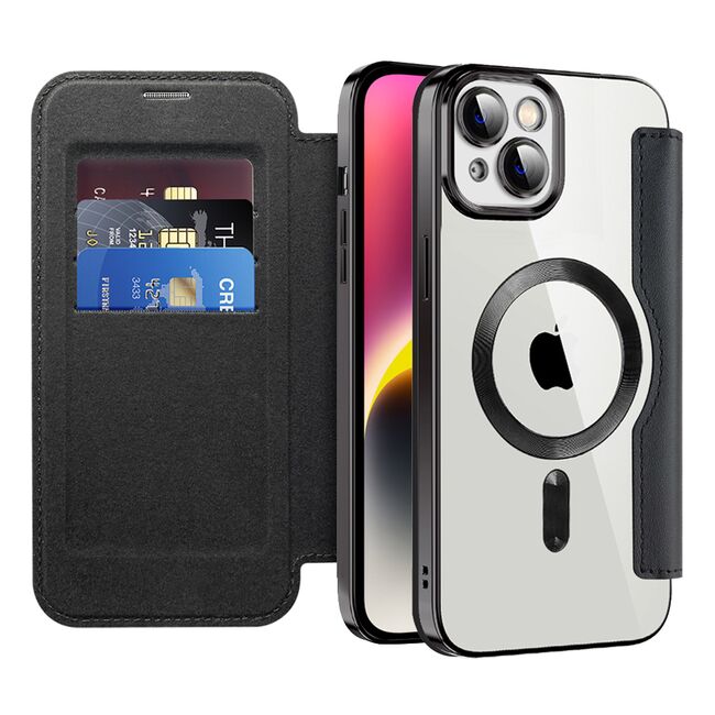 Husa pentru  iPhone 14 Plus EliteBook Executive Tip Carte cu Protectie RFID, Compatibilitate MagSafe si protectie lentile Transparent - Negru