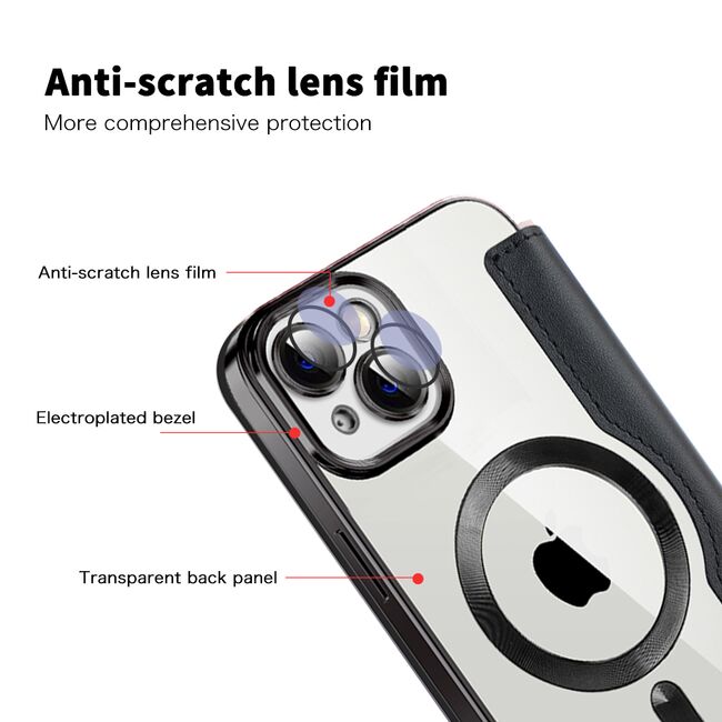 Husa pentru  iPhone 14 Plus EliteBook Executive Tip Carte cu Protectie RFID, Compatibilitate MagSafe si protectie lentile Transparent - Negru