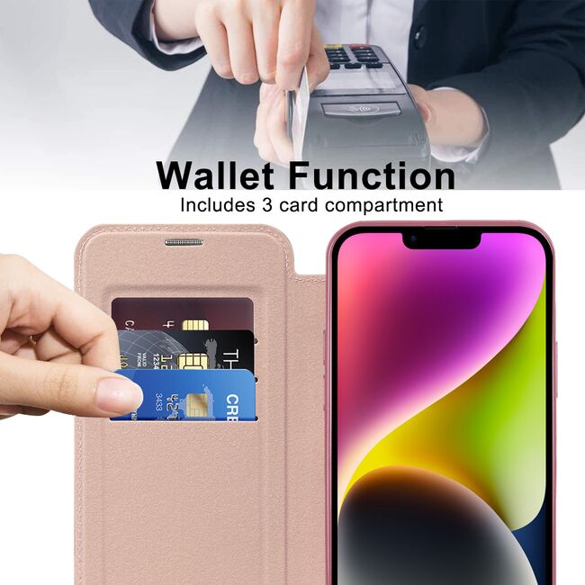 Husa pentru  iPhone 14 Plus EliteBook Executive Tip Carte cu Protectie RFID, Compatibilitate MagSafe si protectie lentile Transparent - Roz