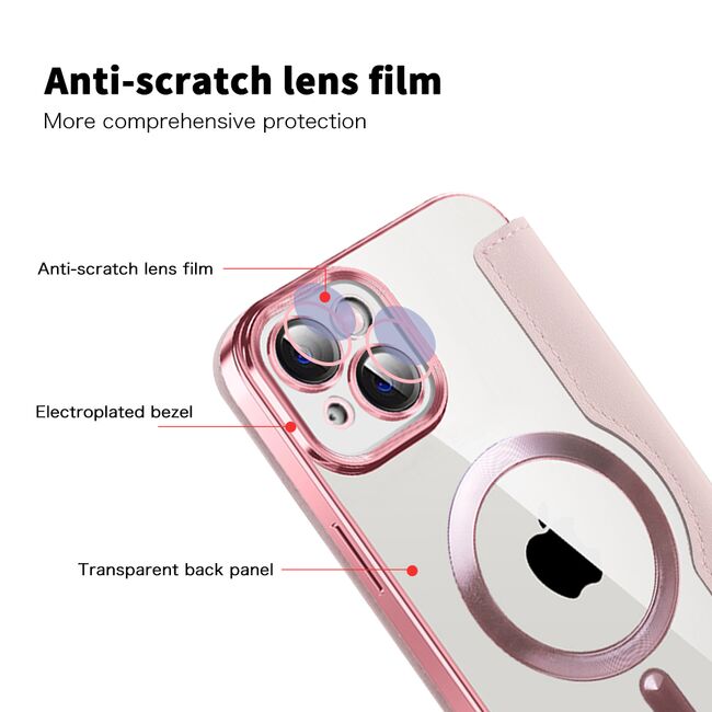 Husa pentru  iPhone 14 Plus EliteBook Executive Tip Carte cu Protectie RFID, Compatibilitate MagSafe si protectie lentile Transparent - Roz
