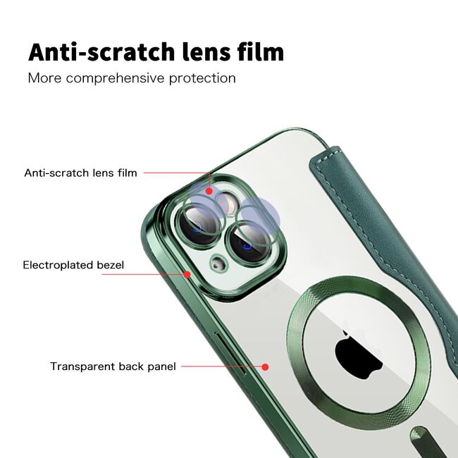 Husa pentru  iPhone 14 Plus EliteBook Executive Tip Carte cu Protectie RFID, Compatibilitate MagSafe si protectie lentile Transparent - Verde