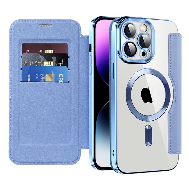 Husa pentru  iPhone 14 Pro Max EliteBook Executive Tip Carte cu Protectie RFID, Compatibilitate MagSafe si protectie lentile Transparent - Albastru deschis