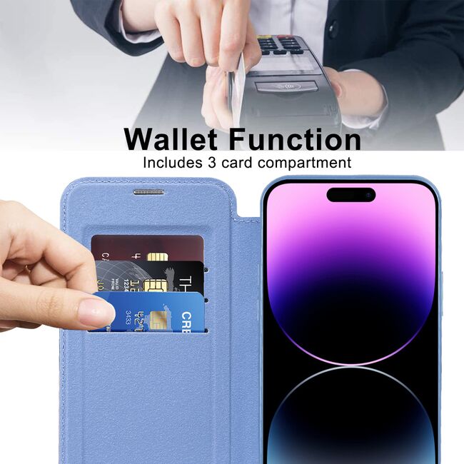 Husa pentru  iPhone 14 Pro Max EliteBook Executive Tip Carte cu Protectie RFID, Compatibilitate MagSafe si protectie lentile Transparent - Albastru deschis