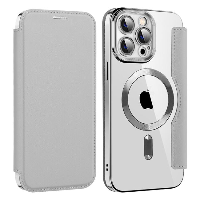 Husa pentru  iPhone 14 Pro Max EliteBook Executive Tip Carte cu Protectie RFID, Compatibilitate MagSafe si protectie lentile Transparent - Argintiu