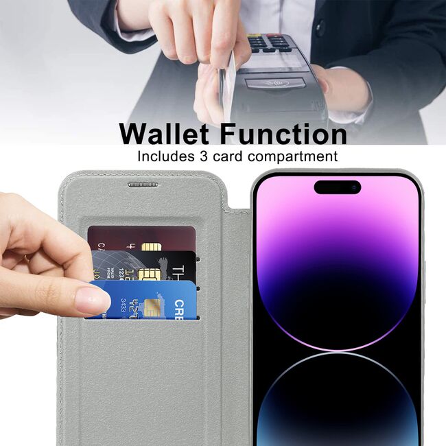 Husa pentru  iPhone 14 Pro Max EliteBook Executive Tip Carte cu Protectie RFID, Compatibilitate MagSafe si protectie lentile Transparent - Argintiu