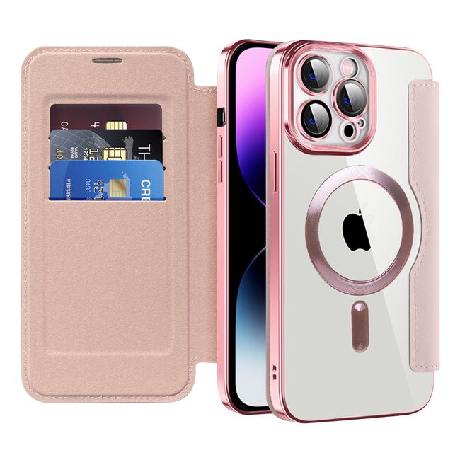 Husa pentru  iPhone 14 Pro Max EliteBook Executive Tip Carte cu Protectie RFID, Compatibilitate MagSafe si protectie lentile Transparent - Roz