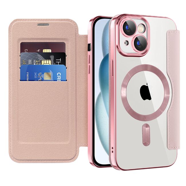 Husa pentru  iPhone 15 EliteBook Executive Tip Carte cu Protectie RFID, Compatibilitate MagSafe si protectie lentile Transparent - Roz
