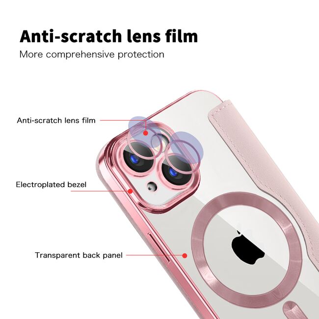 Husa pentru  iPhone 15 EliteBook Executive Tip Carte cu Protectie RFID, Compatibilitate MagSafe si protectie lentile Transparent - Roz