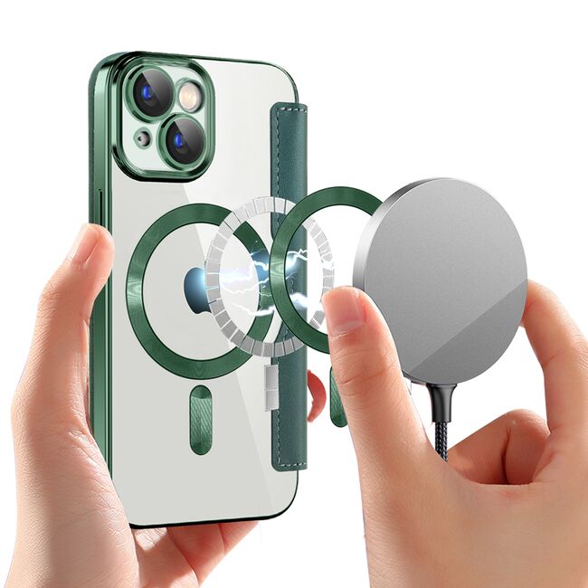 Husa pentru  iPhone 15 EliteBook Executive Tip Carte cu Protectie RFID, Compatibilitate MagSafe si protectie lentile Transparent - Verde