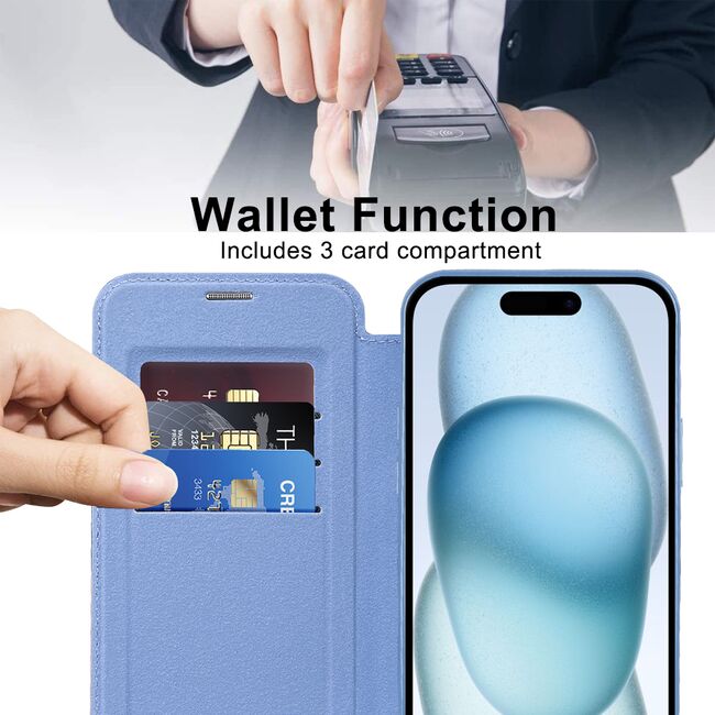 Husa pentru  iPhone 15 Plus EliteBook Executive Tip Carte cu Protectie RFID, Compatibilitate MagSafe si protectie lentile Transparent - Albastru deschis