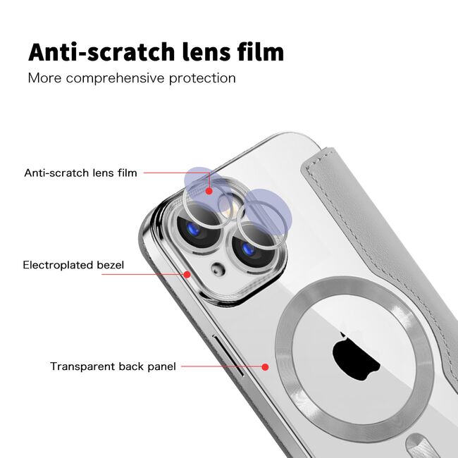 Husa pentru  iPhone 15 Plus EliteBook Executive Tip Carte cu Protectie RFID, Compatibilitate MagSafe si protectie lentile Transparent - Argintiu