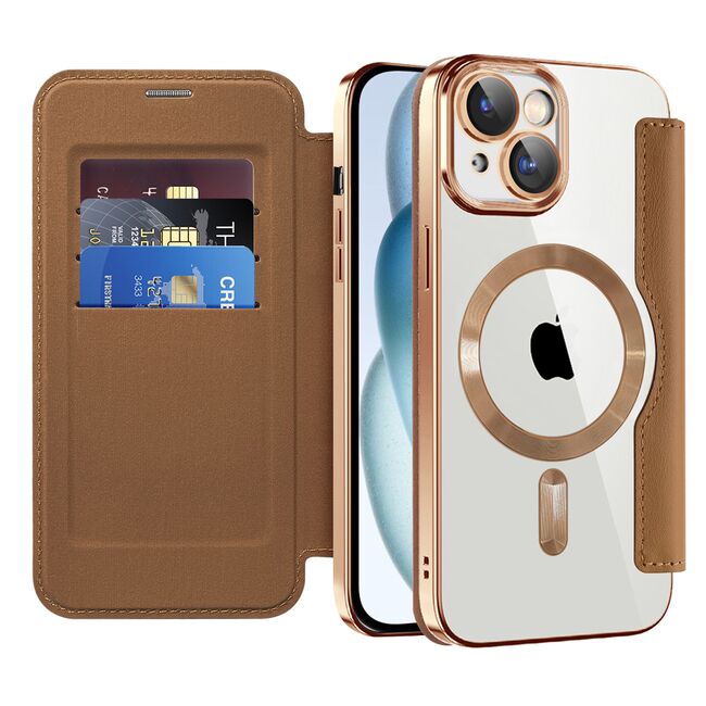 Husa pentru  iPhone 15 Plus EliteBook Executive Tip Carte cu Protectie RFID, Compatibilitate MagSafe si protectie lentile Transparent - Maro