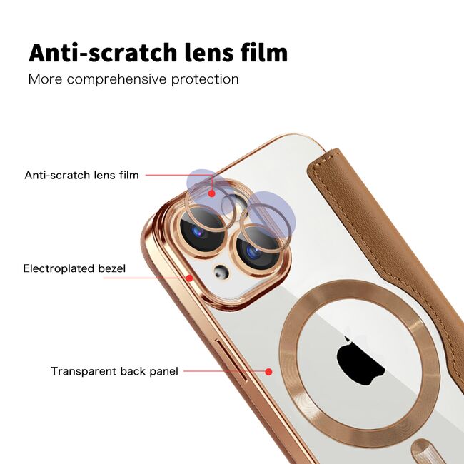 Husa pentru  iPhone 15 Plus EliteBook Executive Tip Carte cu Protectie RFID, Compatibilitate MagSafe si protectie lentile Transparent - Maro