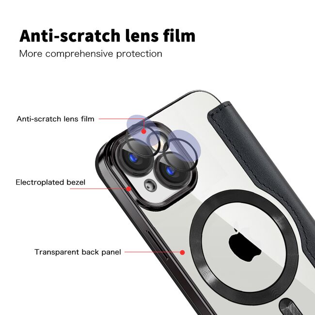Husa pentru  iPhone 15 Plus EliteBook Executive Tip Carte cu Protectie RFID, Compatibilitate MagSafe si protectie lentile Transparent - Negru