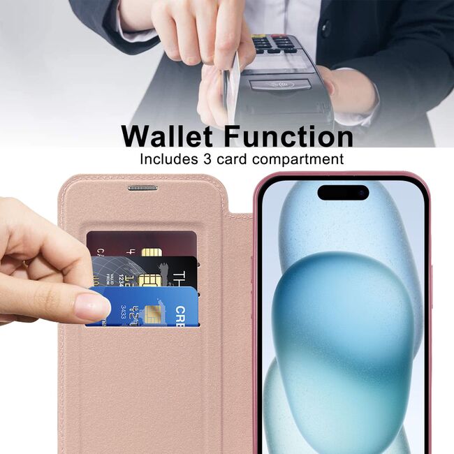 Husa pentru  iPhone 15 Plus EliteBook Executive Tip Carte cu Protectie RFID, Compatibilitate MagSafe si protectie lentile Transparent - Roz