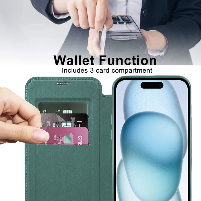 Husa pentru  iPhone 15 Plus EliteBook Executive Tip Carte cu Protectie RFID, Compatibilitate MagSafe si protectie lentile Transparent - Verde