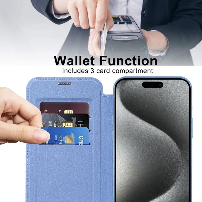 Husa pentru  iPhone 15 Pro EliteBook Executive Tip Carte cu Protectie RFID, Compatibilitate MagSafe si protectie lentile Transparent - Albastru deschis