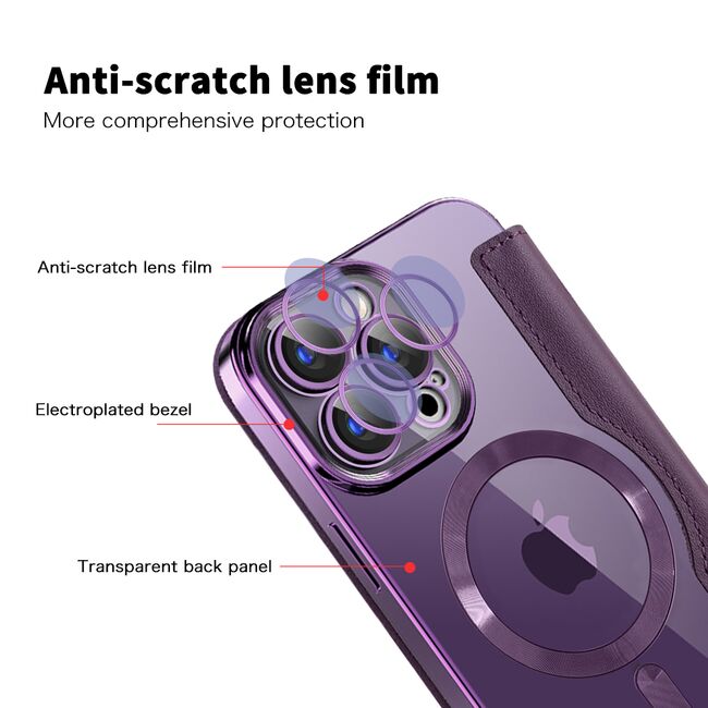 Husa pentru  iPhone 15 Pro EliteBook Executive Tip Carte cu Protectie RFID, Compatibilitate MagSafe si protectie lentile Transparent - Mov