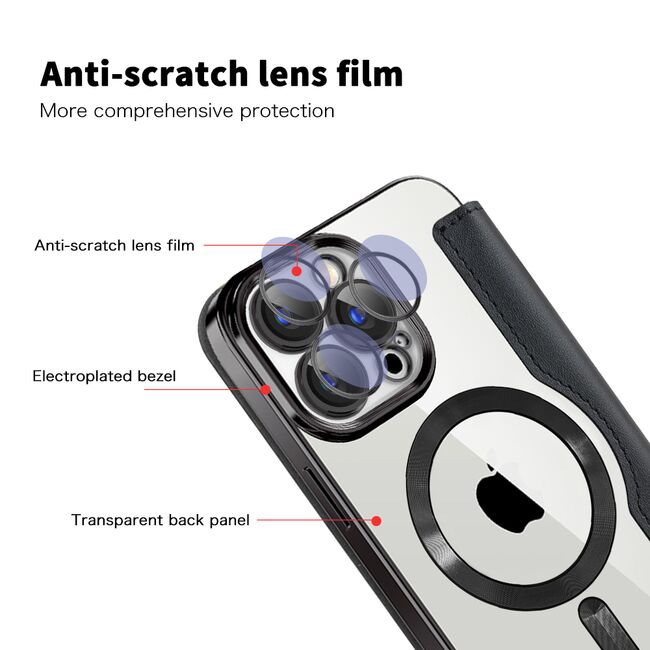 Husa pentru  iPhone 15 Pro EliteBook Executive Tip Carte cu Protectie RFID, Compatibilitate MagSafe si protectie lentile Transparent - Negru