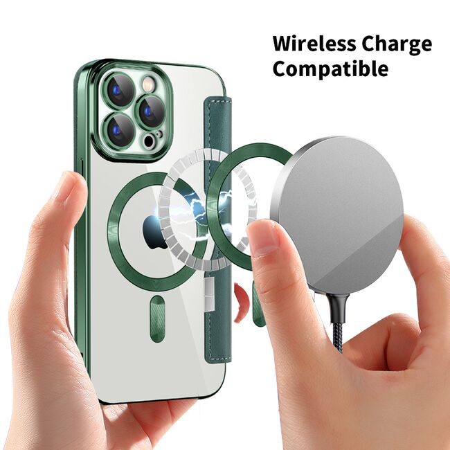 Husa pentru  iPhone 15 Pro EliteBook Executive Tip Carte cu Protectie RFID, Compatibilitate MagSafe si protectie lentile Transparent - Verde