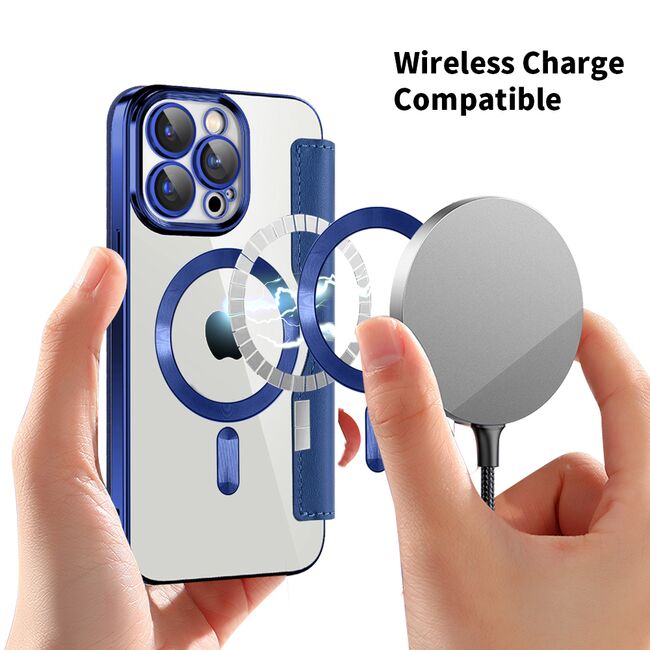 Husa pentru  iPhone 15 Pro Max EliteBook Executive Tip Carte cu Protectie RFID, Compatibilitate MagSafe si protectie lentile Transparent - Albastru