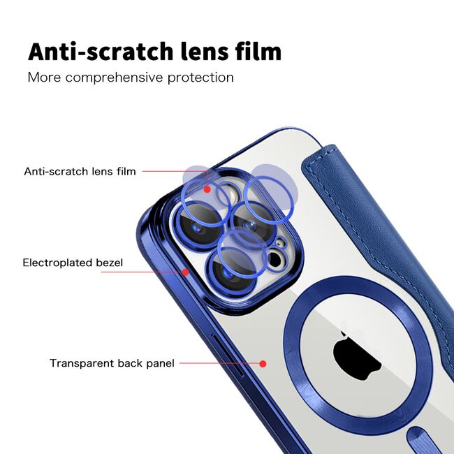 Husa pentru  iPhone 15 Pro Max EliteBook Executive Tip Carte cu Protectie RFID, Compatibilitate MagSafe si protectie lentile Transparent - Albastru