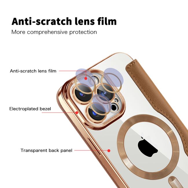 Husa pentru  iPhone 15 Pro Max EliteBook Executive Tip Carte cu Protectie RFID, Compatibilitate MagSafe si protectie lentile Transparent - Maro