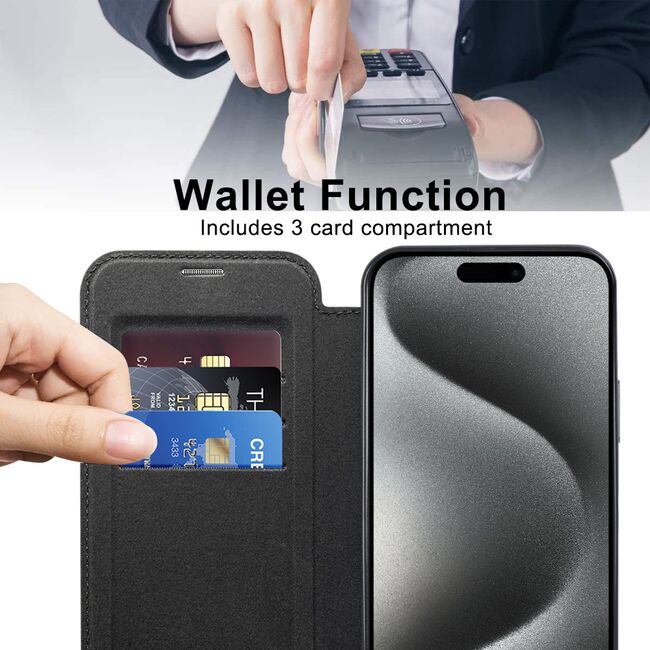 Husa pentru  iPhone 15 Pro Max EliteBook Executive Tip Carte cu Protectie RFID, Compatibilitate MagSafe si protectie lentile Transparent - Negru