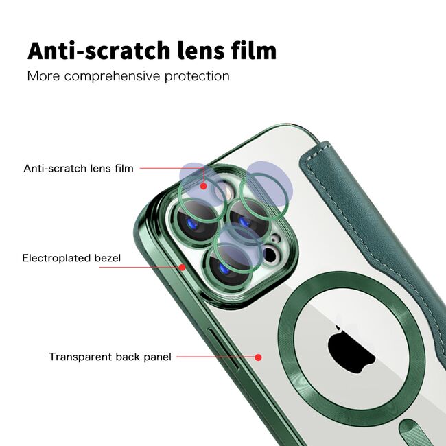 Husa pentru  iPhone 15 Pro Max EliteBook Executive Tip Carte cu Protectie RFID, Compatibilitate MagSafe si protectie lentile Transparent - Verde