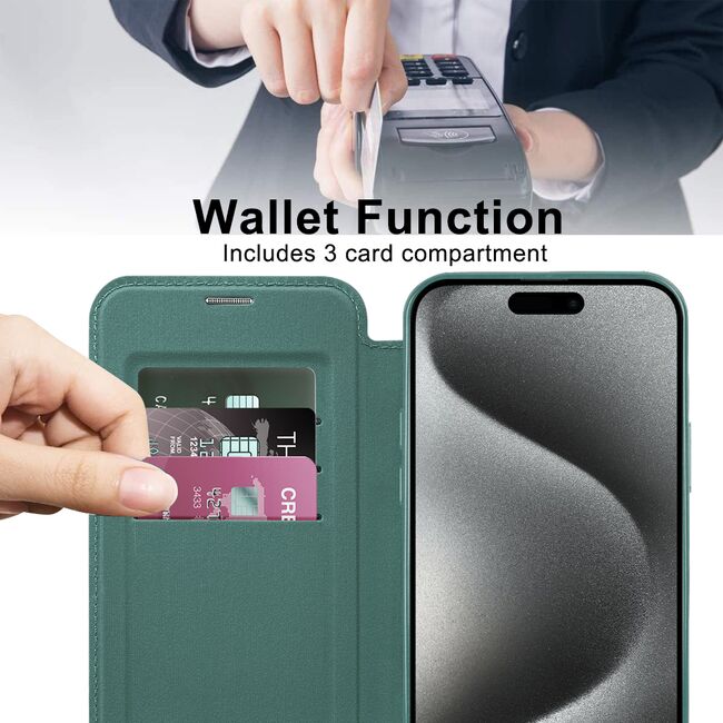 Husa pentru  iPhone 15 Pro Max EliteBook Executive Tip Carte cu Protectie RFID, Compatibilitate MagSafe si protectie lentile Transparent - Verde