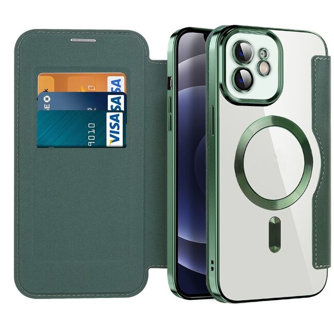 Husa pentru iPhone 12 EliteBook Executive Tip Carte cu Protectie RFID, Compatibilitate MagSafe si protectie lentile Transparent - Verde
