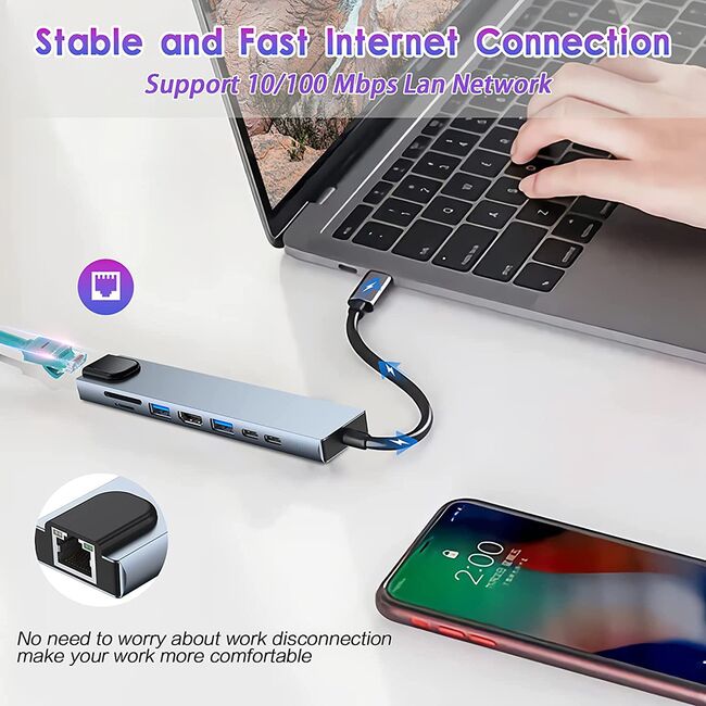 Hub adaptor HyperDock Master 8 in 1 de la USB Type-C 3.1 la 2 x USB Type-C, 2x USB, HDMI 4K@30Hz, LAN RJ45, TF / SD card, incarcare rapida PD 87W, Compatibil MacBook, Windows & Android - Gri