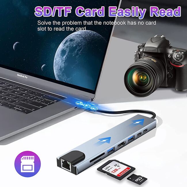 Hub adaptor HyperDock Master 8 in 1 de la USB Type-C 3.1 la 2 x USB Type-C, 2x USB, HDMI 4K@30Hz, LAN RJ45, TF / SD card, incarcare rapida PD 87W, Compatibil MacBook, Windows & Android - Gri
