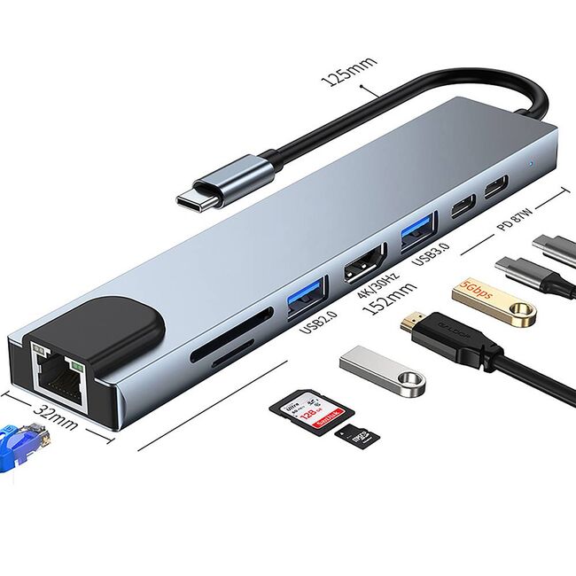 Hub adaptor HyperDock Master 8 in 1 de la USB Type-C 3.1 la 2 x USB Type-C, 2x USB, HDMI 4K@30Hz, LAN RJ45, TF / SD card, incarcare rapida PD 87W, Compatibil MacBook, Windows & Android - Gri