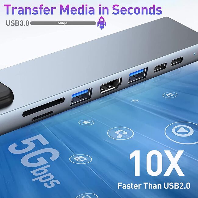 Hub adaptor HyperDock Master 8 in 1 de la USB Type-C 3.1 la 2 x USB Type-C, 2x USB, HDMI 4K@30Hz, LAN RJ45, TF / SD card, incarcare rapida PD 87W, Compatibil MacBook, Windows & Android - Gri