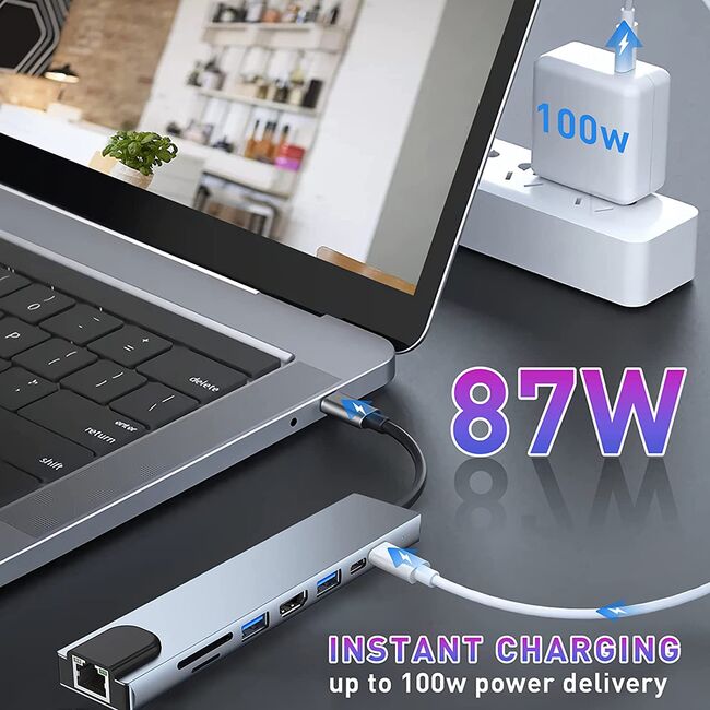 Hub adaptor HyperDock Master 8 in 1 de la USB Type-C 3.1 la 2 x USB Type-C, 2x USB, HDMI 4K@30Hz, LAN RJ45, TF / SD card, incarcare rapida PD 87W, Compatibil MacBook, Windows & Android - Gri