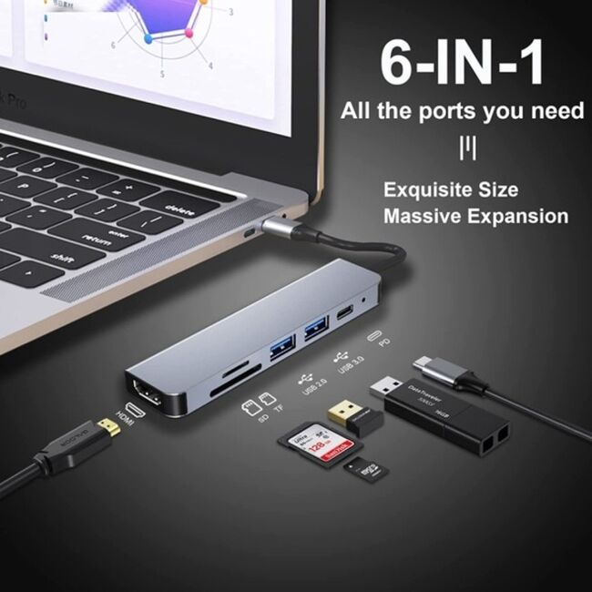 Hub Multiport 6 in 1 FusionPort Elite, USB Type-C la 2x USB, Type-C, HDMI, TF/SD Card, Incarcare Rapida PD 87W, 4K@30Hz compatibil laptop Lenovo, Dell, HP, Asus, Acer, Apple MacBook Air/Pro, Chromebook, tableta - Space grey