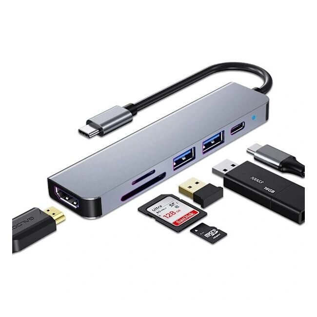 Hub Multiport 6 in 1 FusionPort Elite, USB Type-C la 2x USB, Type-C, HDMI, TF/SD Card, Incarcare Rapida PD 87W, 4K@30Hz compatibil laptop Lenovo, Dell, HP, Asus, Acer, Apple MacBook Air/Pro, Chromebook, tableta - Space grey