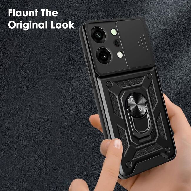 Husa pentru  Oppo Reno 14 5G Ring Armor Kickstand Tough Rugged Cover cu protectie camera, Negru